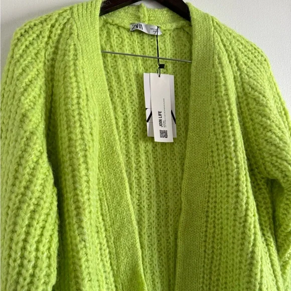 NWT Zara Neon Green Long Open Chunky Cardigan Small - Picture 6 of 7